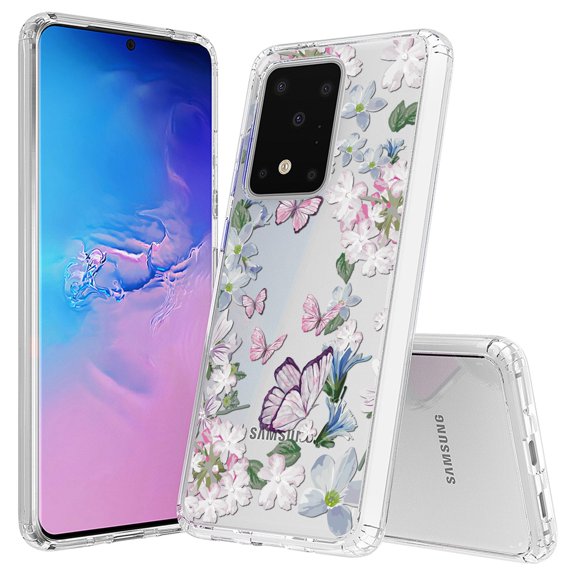 Aquaflex Transparent Clear Flexible Shock Absorbing Phone Case Cover Suitable for Samsung Galaxy S20 Ultra 6.9" - Garden of Butterflies