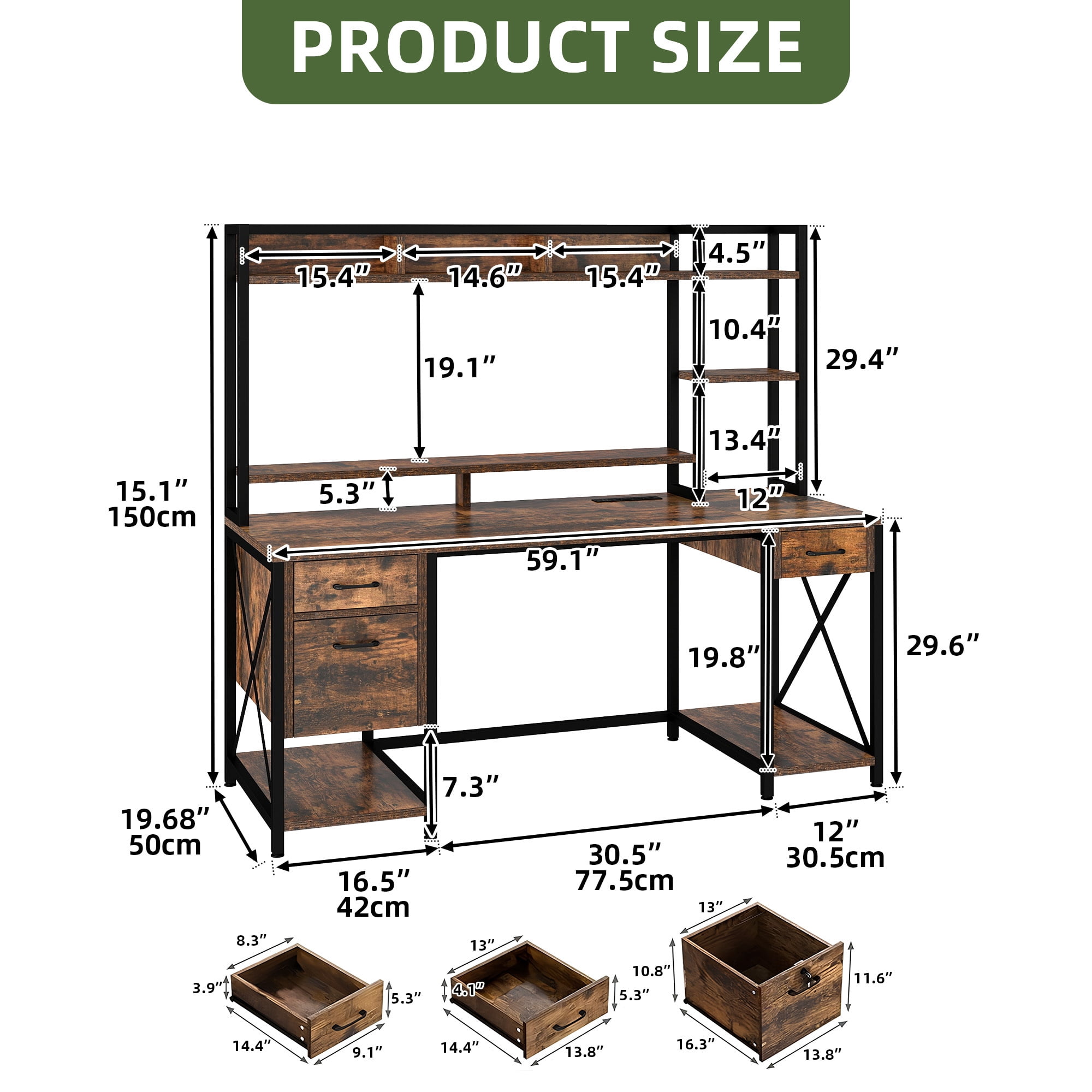 Uforic 59.1 Inch Rustic Brown Computer Desk with Hutch & Drawers with RGB LED Light Strip Multi-Shelf Storage with Sturdy Metal Frame, Brown