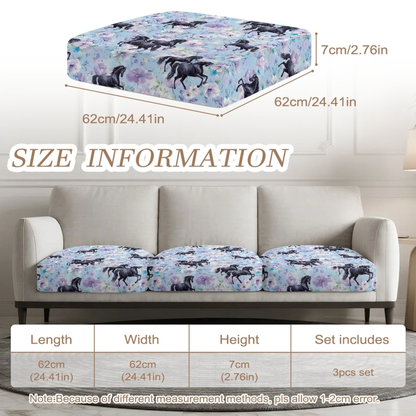 Xoenoiee Blue Flower Horse Print 3-Piece Stretch Couch Cushion Covers, Non-Slip Elastic Sofa Seat Slipcovers Washable Furniture Protector for 3 Cushion Couch, Loveseat, Sectional