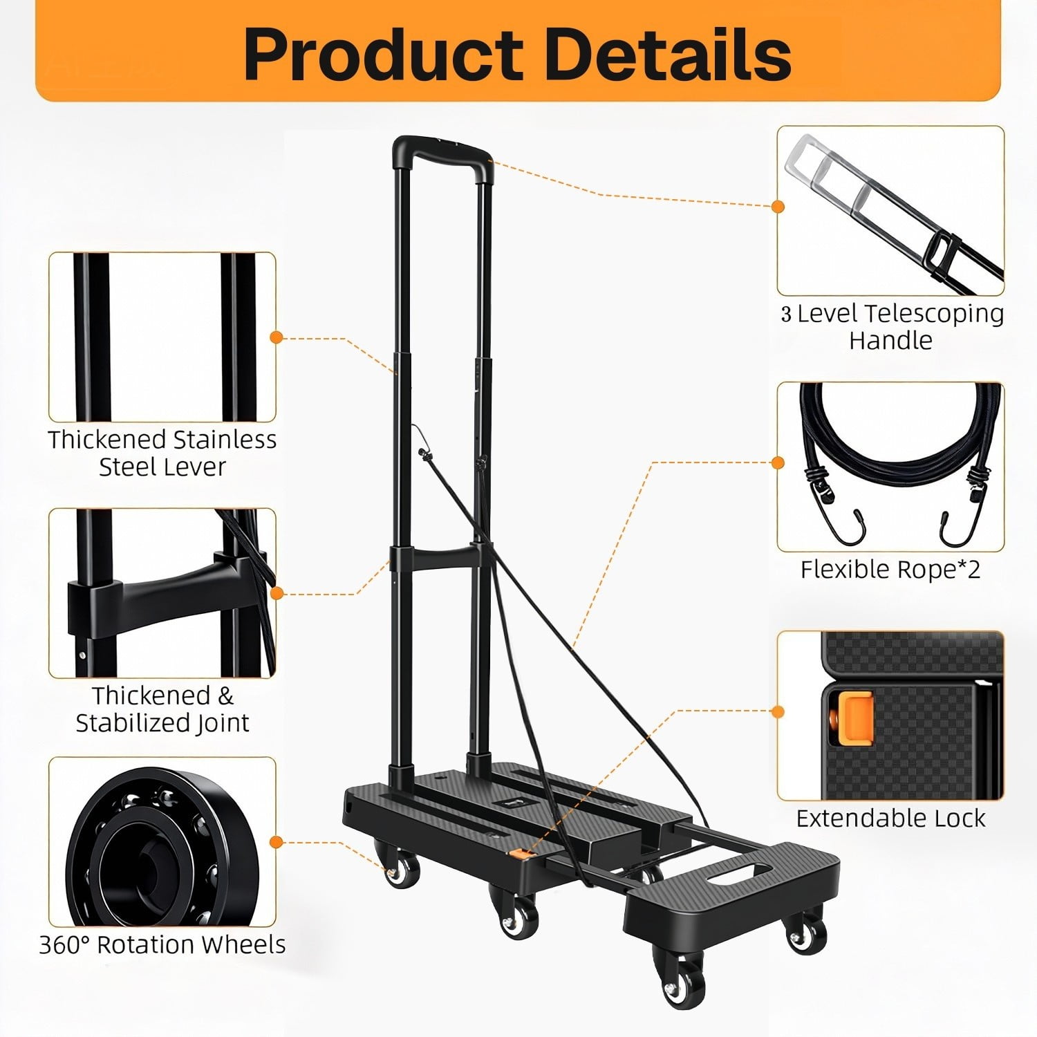 BN-LINK Folding Hand Truck, 6 Wheels Portable Dolly Cart, Lightweight Luggage Cart with 2 Elastic Rope, for Moving, Travel, House, Office, Shopping, Black