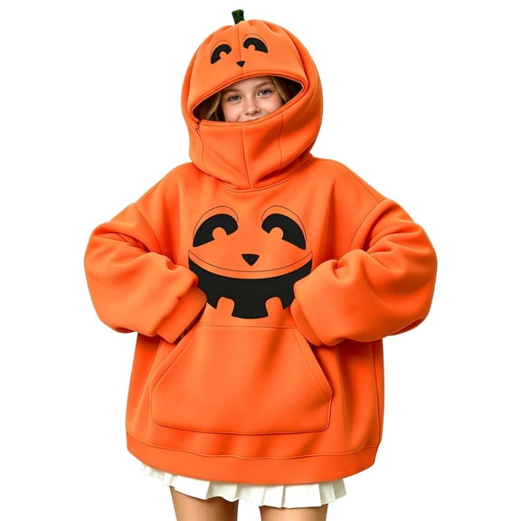 BRGZLK Kids Halloween Hoodies Boys Girls Cute Pumpkin Mask Oversized Fleece Sweatshirt Long Sleeve Cozy Warm Pullover Tops with Pockets, Fall Halloween Party Casual Blouse Orange D 9-10 Years
