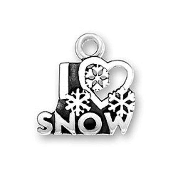 Sterling Silver 16" .8mm Box Chain I LOVE SNOW Snowflake Word Pendant Necklace