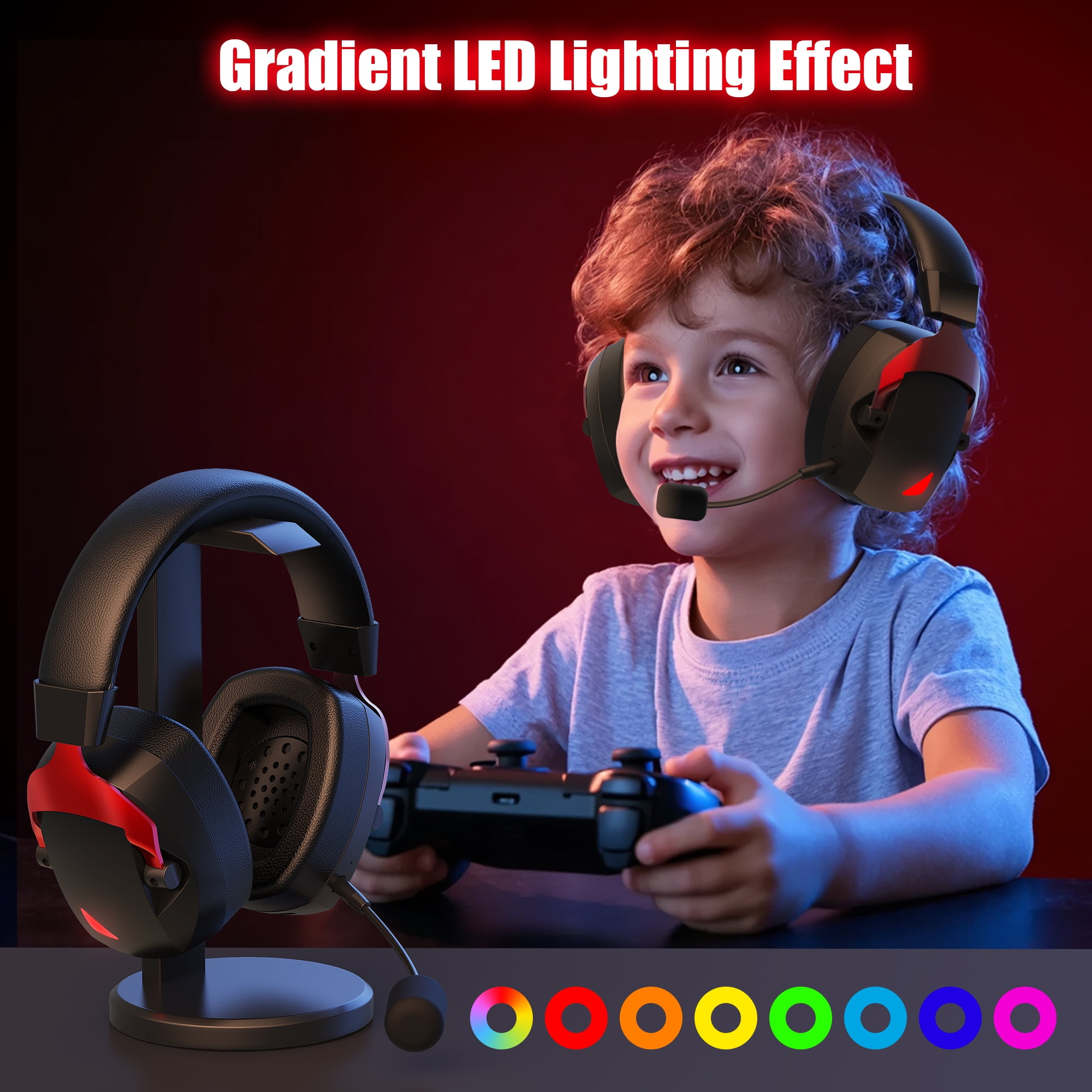 Mollan Bluetooth Wireless Gaming Headphones, Over-Ear with Noise-Canceling Mic, 40H Playtime, RGB, Red