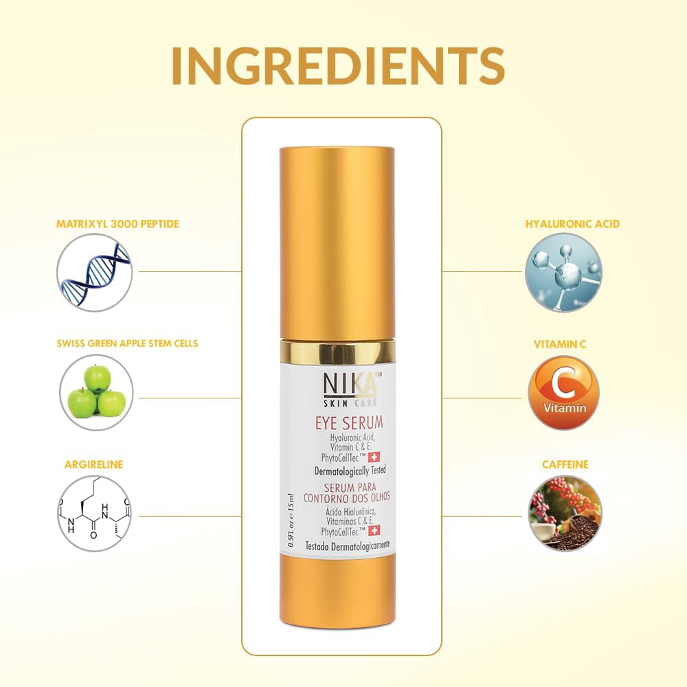 NIKA SKIN CARE - Eye Serum with Vitamin C & E, Hyaluronic Acid, Caffeine, and Swiss Apple Stem Cells - Day & Night