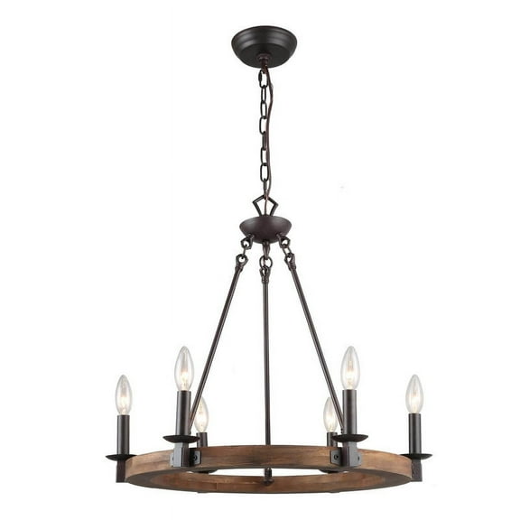 LNC 6-Light Wagon Wheel Chandelier with Wood Frame and Bronze Accents