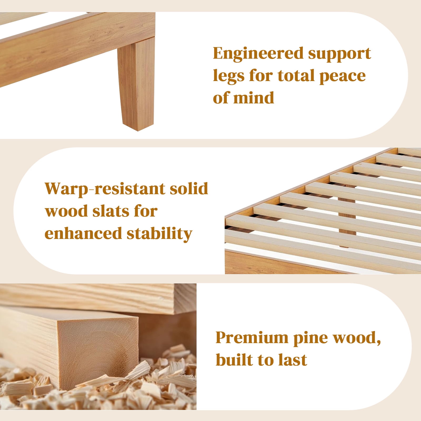 Sybels 12" Twin Size Wood Bed Frame, Natural Pine Platform with Slat Support, No Box Spring Required