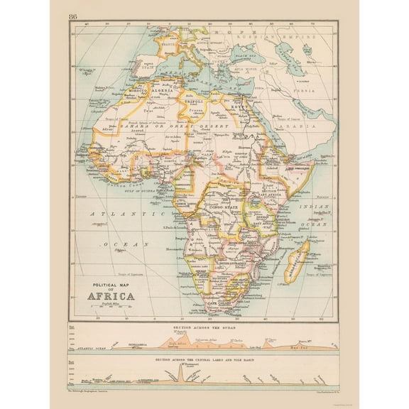 Historic Map - Africa Political - Bartholomew 1892 - 23 x 30.38 - Vintage Wall Art