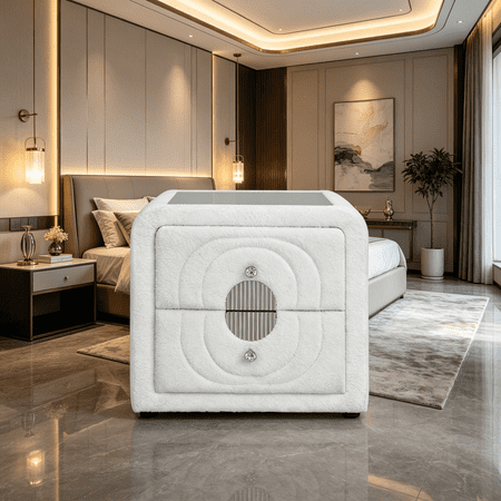 JERFIT White Teddy Nightstand with Chrome Knobs Sherpa Upholstered Bedside Table Modern Bedroom Furniture