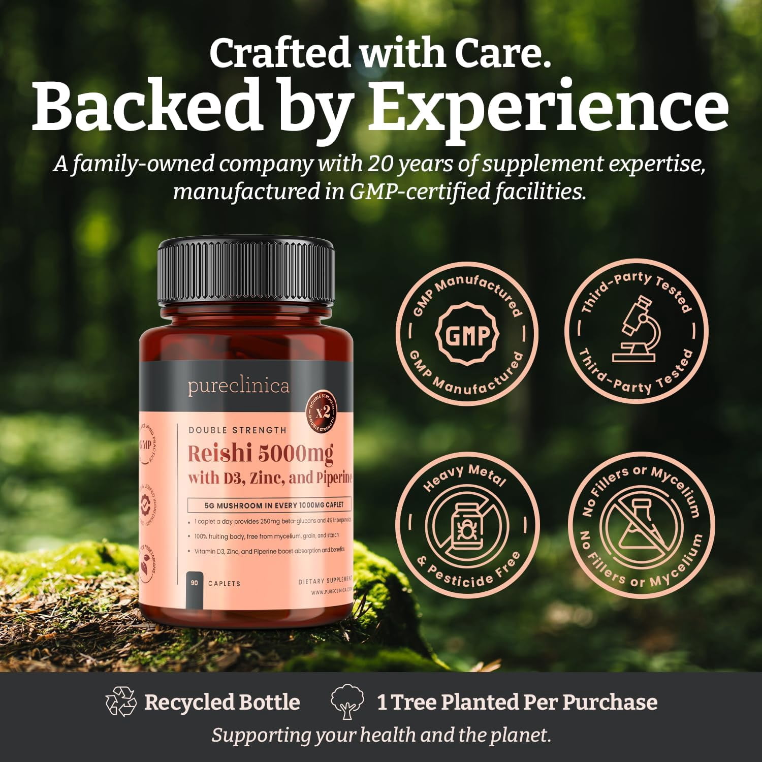 Pureclinica Double Strength Reishi Mushroom 5000mg – 90 Caplets (3-Month Supply) – with Vitamin D3, Zinc & Piperine – 100% Fruiting Body Extract – No Mycelium or Fillers