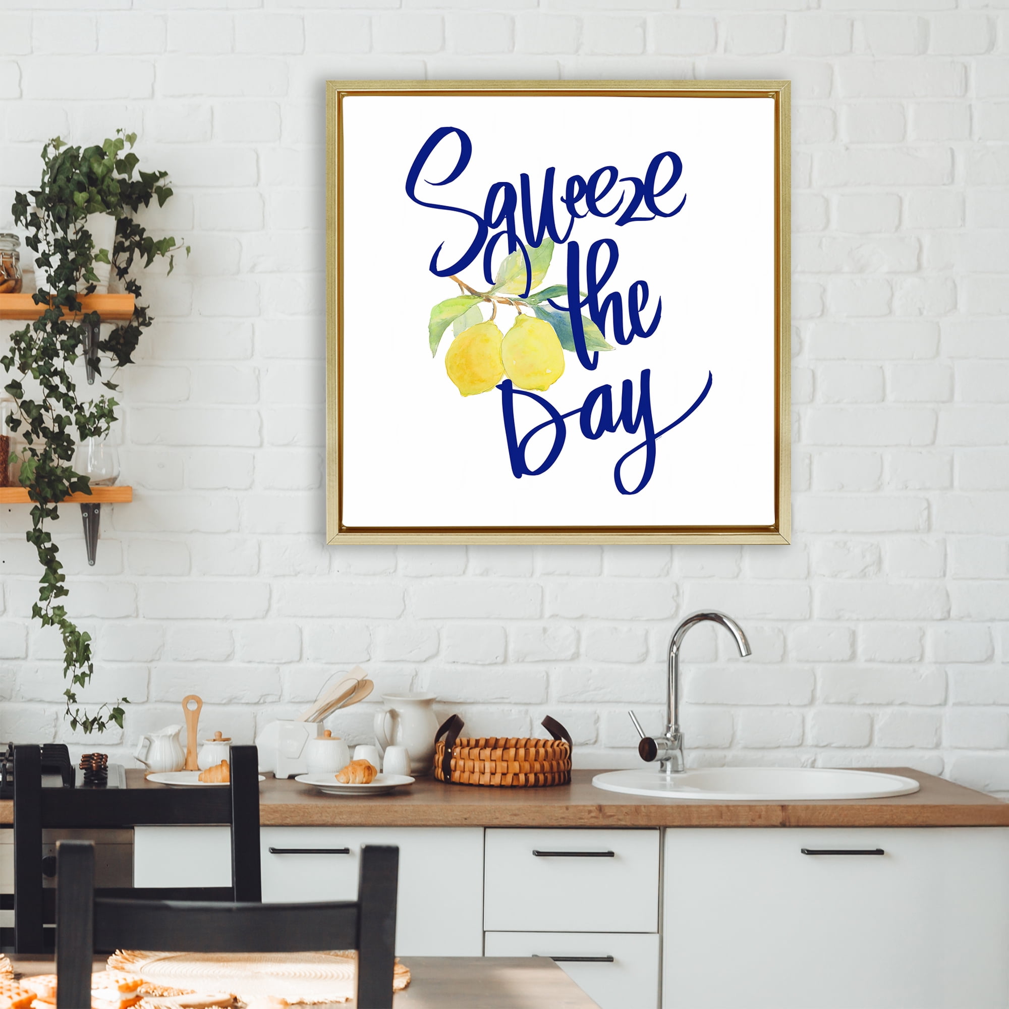 Stupell Industries Cursive Squeeze The Day Gold Framed Floater Canvas Wall Art, design by Lanie Loreth