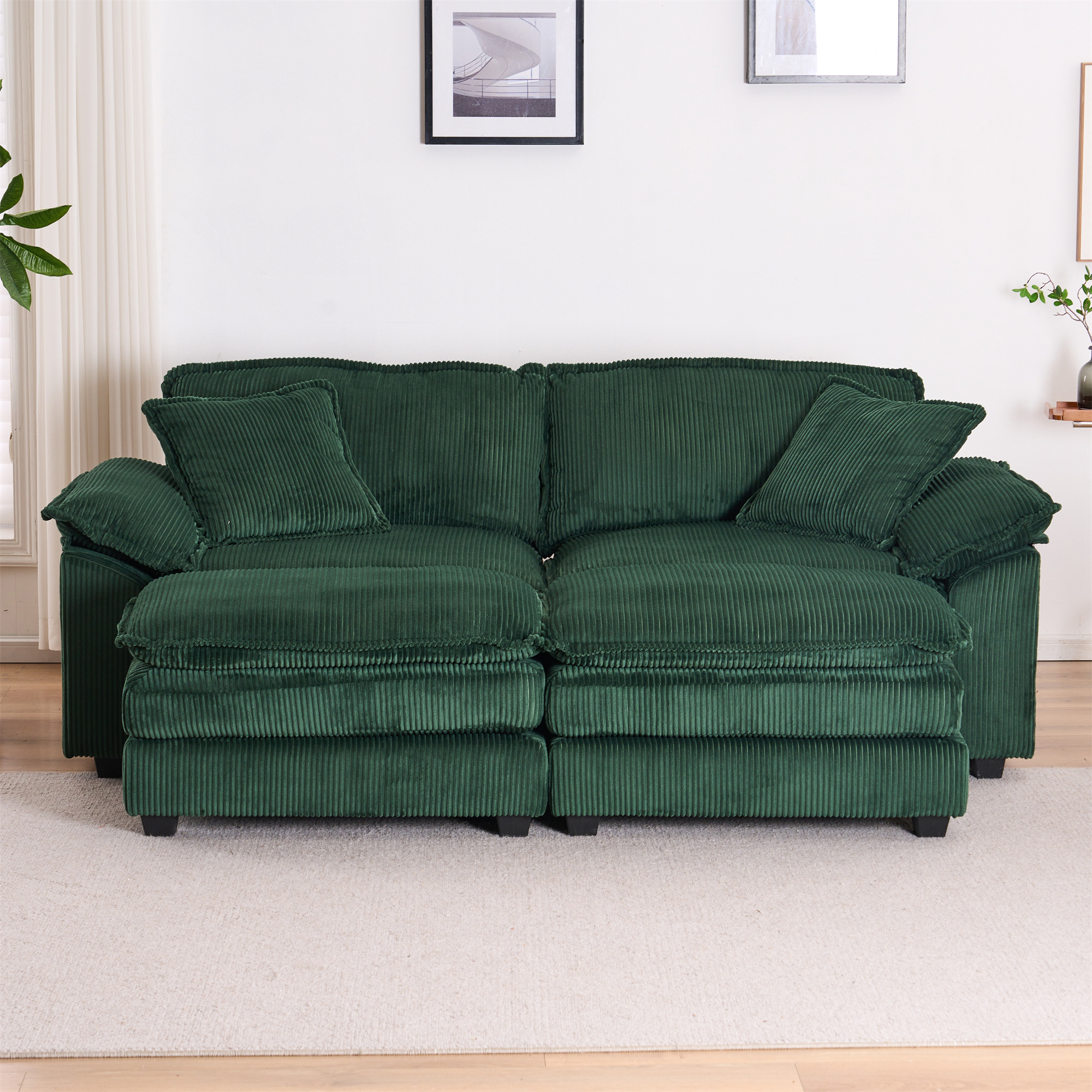 Aukfa Modular Sectional Couch Deep Seat Loveseat Sofa with 2 Ottoman for Living Room, 6 Pillows, Corduroy, Green