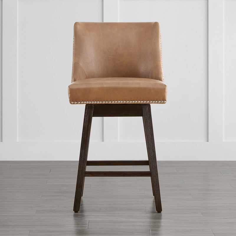 CHITA 26 inch Swivel Upholstered Counter Height Bar Stools with Full Back Set of 3,Faux Leather in Cognac Brown