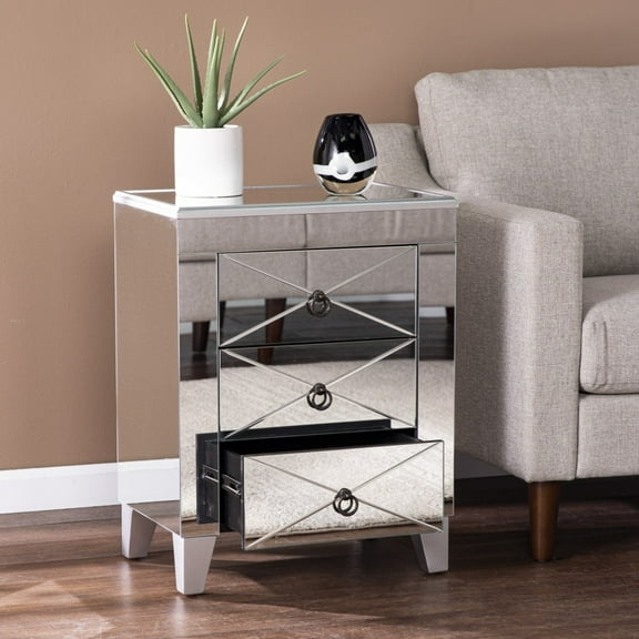 26" Silver Manufactured Wood And Iron Rectangular Mirrored End Table With Two Drawers