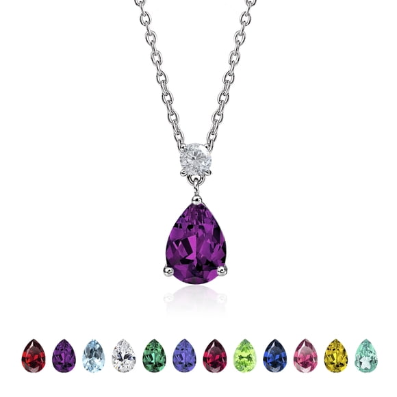 JeenMata 3.25 Carat Amethyst February Birthstone - Round and Pear Cut Dangle Pendant Necklace in 18k White Gold Plated for Women