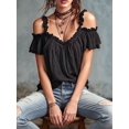 thumbnail image 6 of Women Cold Shoulder Ruffle Trim Top V Neck Short Sleeve Casual Blouse Black S, 6 of 7