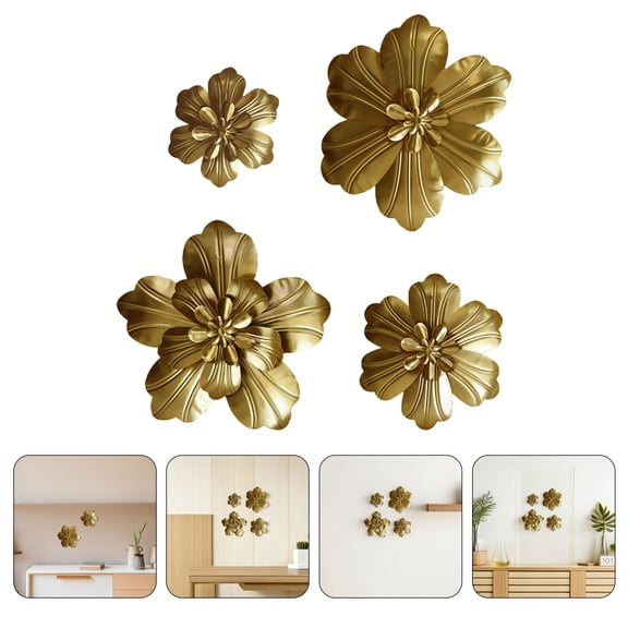 Milisten Set of 4 Metal Flower Wall Art in 3D Floral Sculptures for Living Room Decor