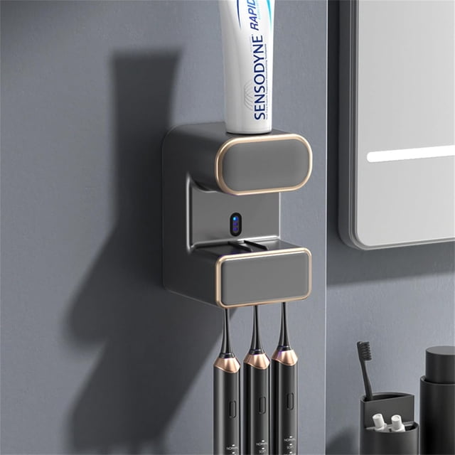 Royalbelle Automatic Toothpaste Dispenser,Wall Mounted Electric Toothpaste Dispenser with 3 Toothbrush Slots,Thermal Sensing Bathroom Squeezer,Black