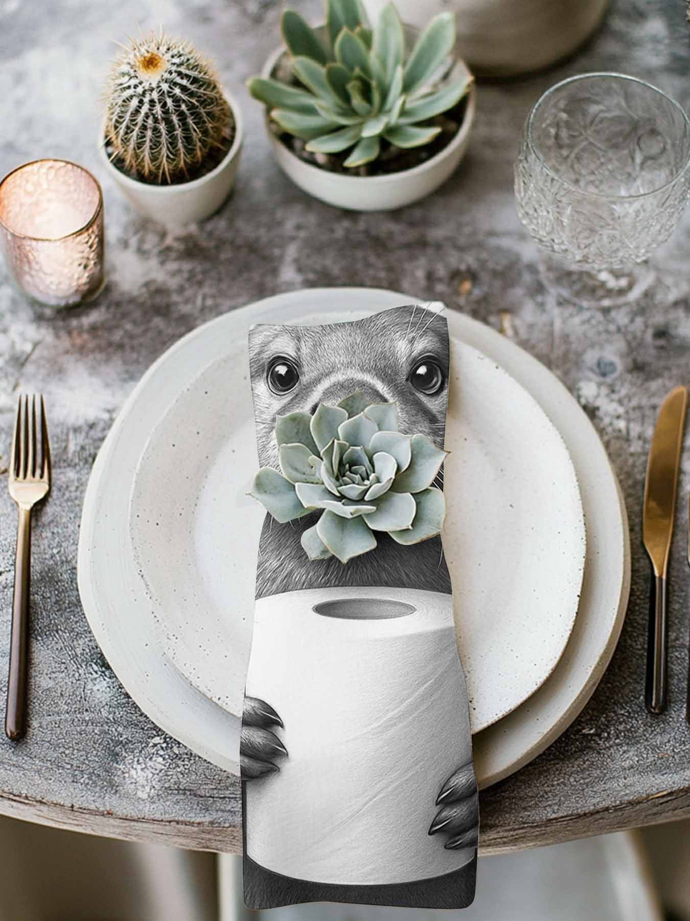 Cute Otter Cloth Napkins Set of 4 Reusable Dinner Napkins, Funny Animal with Toilet Paper Cocktail Napkin Washable Table Napkins for Wedding/Holiday Party/Baby Shower 20"x20"