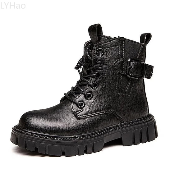 LYHao Girls Ankle Boots With Buckle Lace Up Side Zipper For Winter Casual Wear Leather Upper Comfortable Footwear For Toddler Kids ,Girls Boots Sizes 10.5 Black(4-4.5 Years)