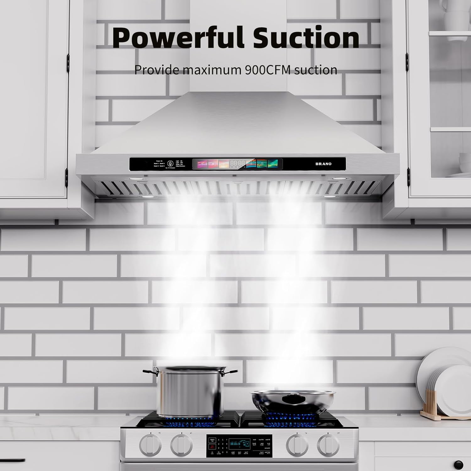 36-inch Wall Mount Range Hood 900 CFM with Voice/Gesture/Touch Control, Stainless Steel Kitchen Hood Vent with 4 Speed Exhaust Fan, LED Adjustable Lights, Memory Mode