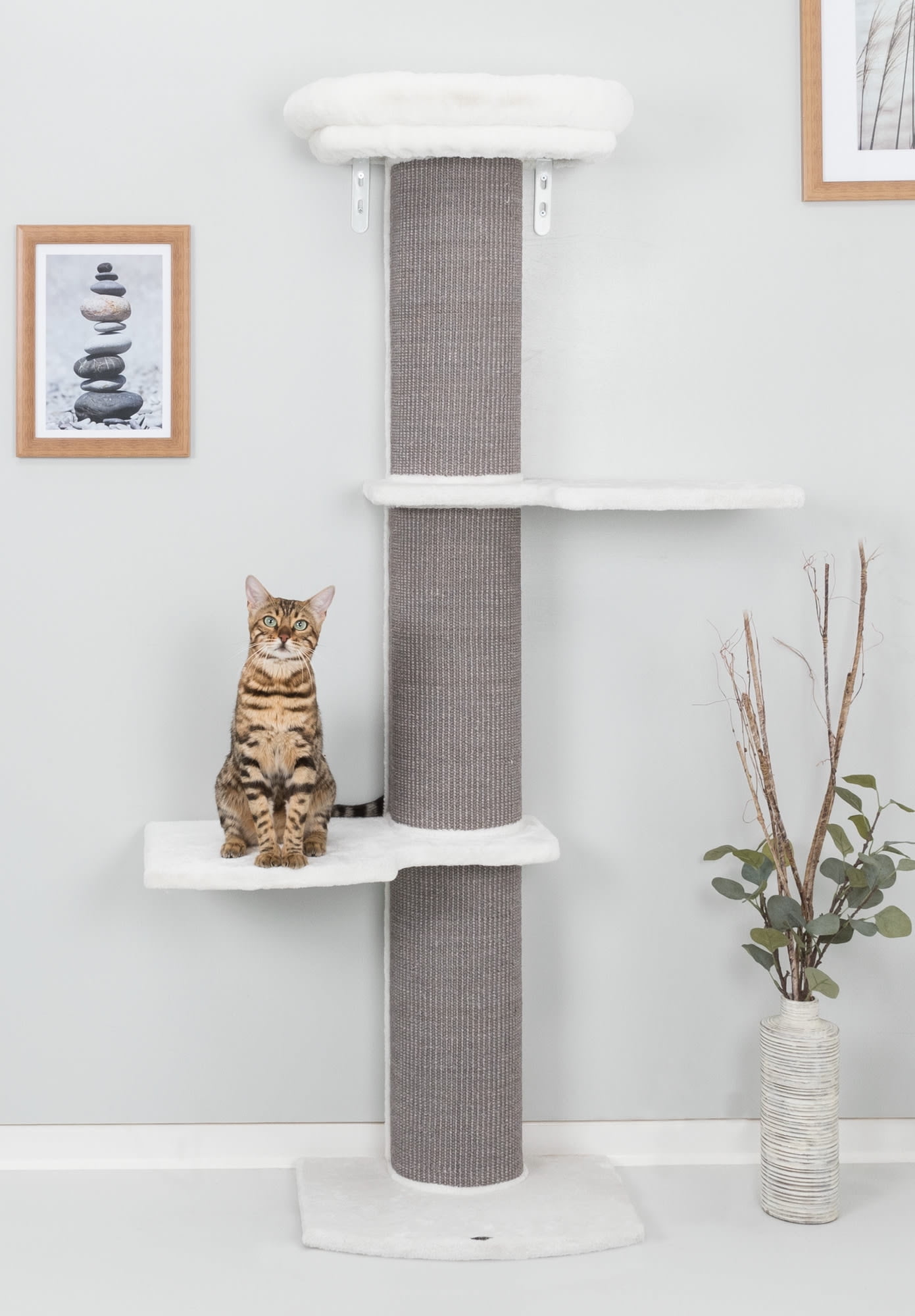 TRIXIE Acadia Plush & Sisal 3-Level 63" Cat Tree, Scratching Posts, Wall Brackets, Gray
