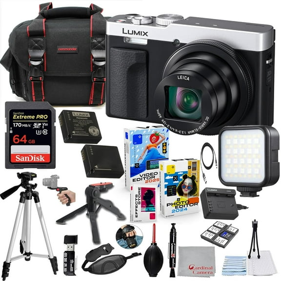 Panasonic ZS99 Digital Camera (Silver) Bundle   Accessory Kit with 64GB Extreme Memory, LED Light, Tripod, Carry Case, Editing Software Package & More (22 Items)