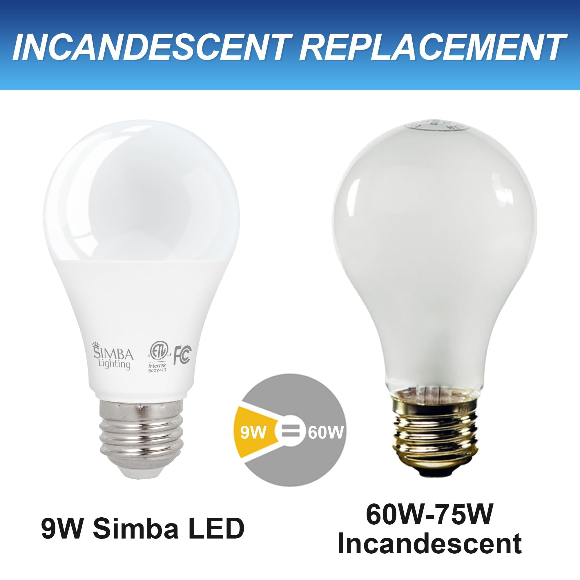 Simba Lighting LED A19 ETL Listed 9W 60W-75W Equivalent Dimmable Bulbs 120V E26 Base 2700K Warm White 6-Pack