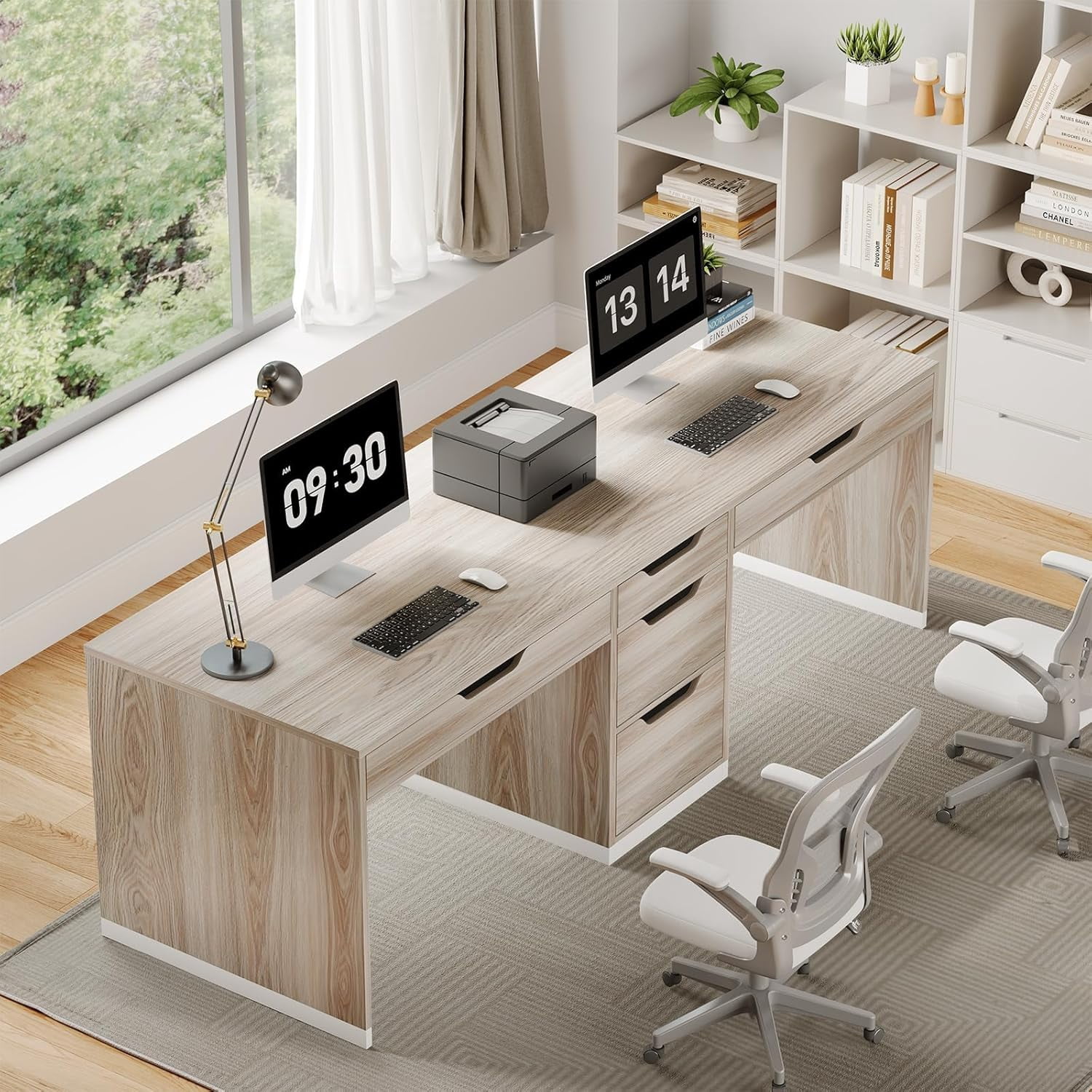 DreamCurship 78 inch Two Person Desk with 5 Drawers, Computer Desk with Storage for 2 People, Home Office Workstation Desk, Modern Writing Table, White and Walnut