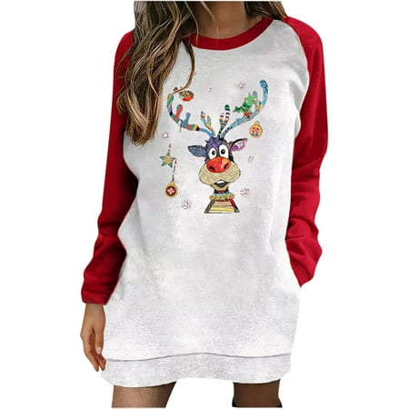 

Oversized Crewneck Sweatshirt Womens Long Xmas Funny Print Soft Shirts Tops Stylish Raglan Blouses