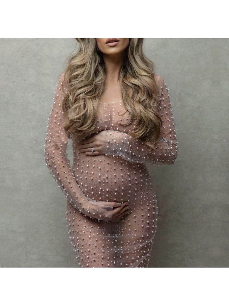 knee length dresses for ladies Momyknows Mesh Solid Color Beading Pearl Rhinestone Long Sleeve Cover-ups  Side Slit Photoshoot Maternity Maxi Dress main image 1