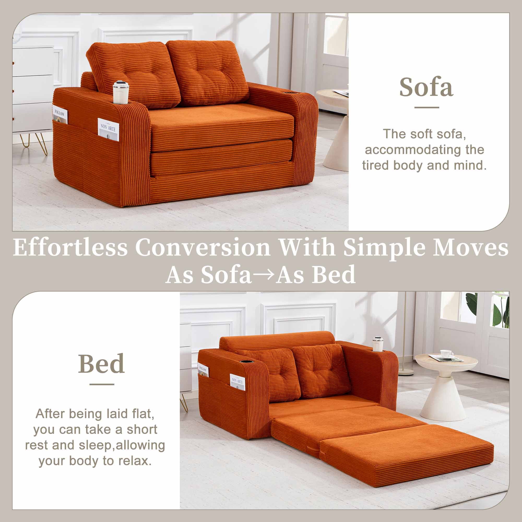 Lunale 54" Convertible Sofa Bed, Small Boneless Cloud Couch with Cup Holders, No Assembly Required, Corduroy Floor Sleeper Sofa, Orange