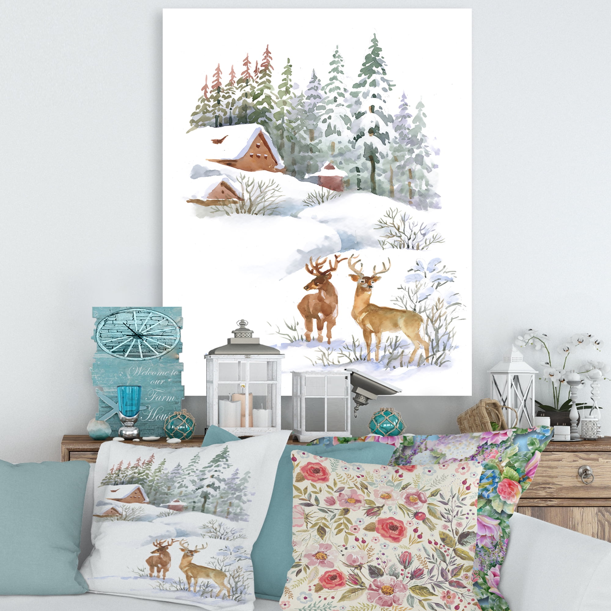 Designart ' Two Deers With Winter Cottage ' Farmhouse Canvas Wall Art Print