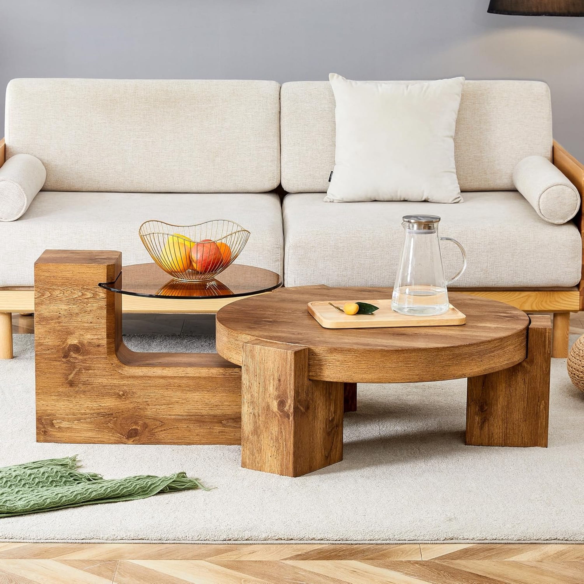 Sudica Detachable Double-decker Coffee Table,30" Round Tea Table with Wood Grain Base,Center Table for Living Room