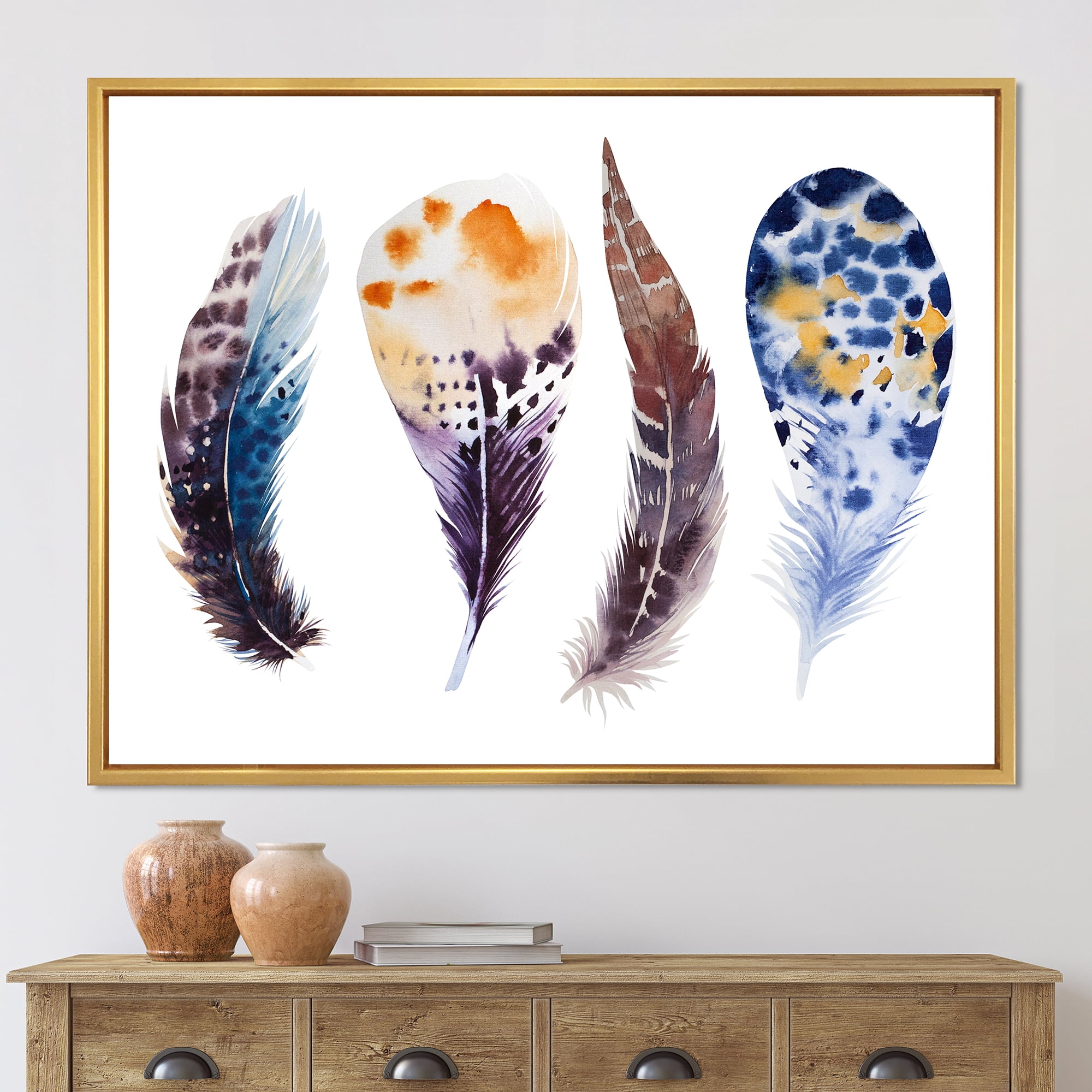 Colourful Boho Feather Set On White VIII 20 in x 12 in Framed Painting Canvas Art Print, by Designart