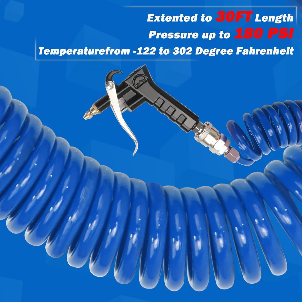 Heavy Duty Truck Air Duster Blow Gun Cleaning with 9 Meter Long Coil and 2 interchangeable nozzle tips- Blue Air Seat Blow Gun Kit