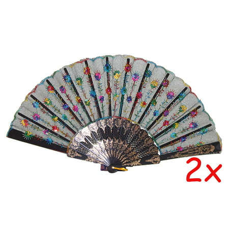 2 Chinese Black and Colorful Design Party Gift Lace Floral Folding Hand Held Fans