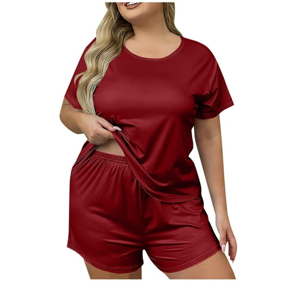 Diufon Pajama Set Shorts for Women Plus Size Crewneck Short Sleeve Tops & Elastic Waist Shorts Homewear Sets