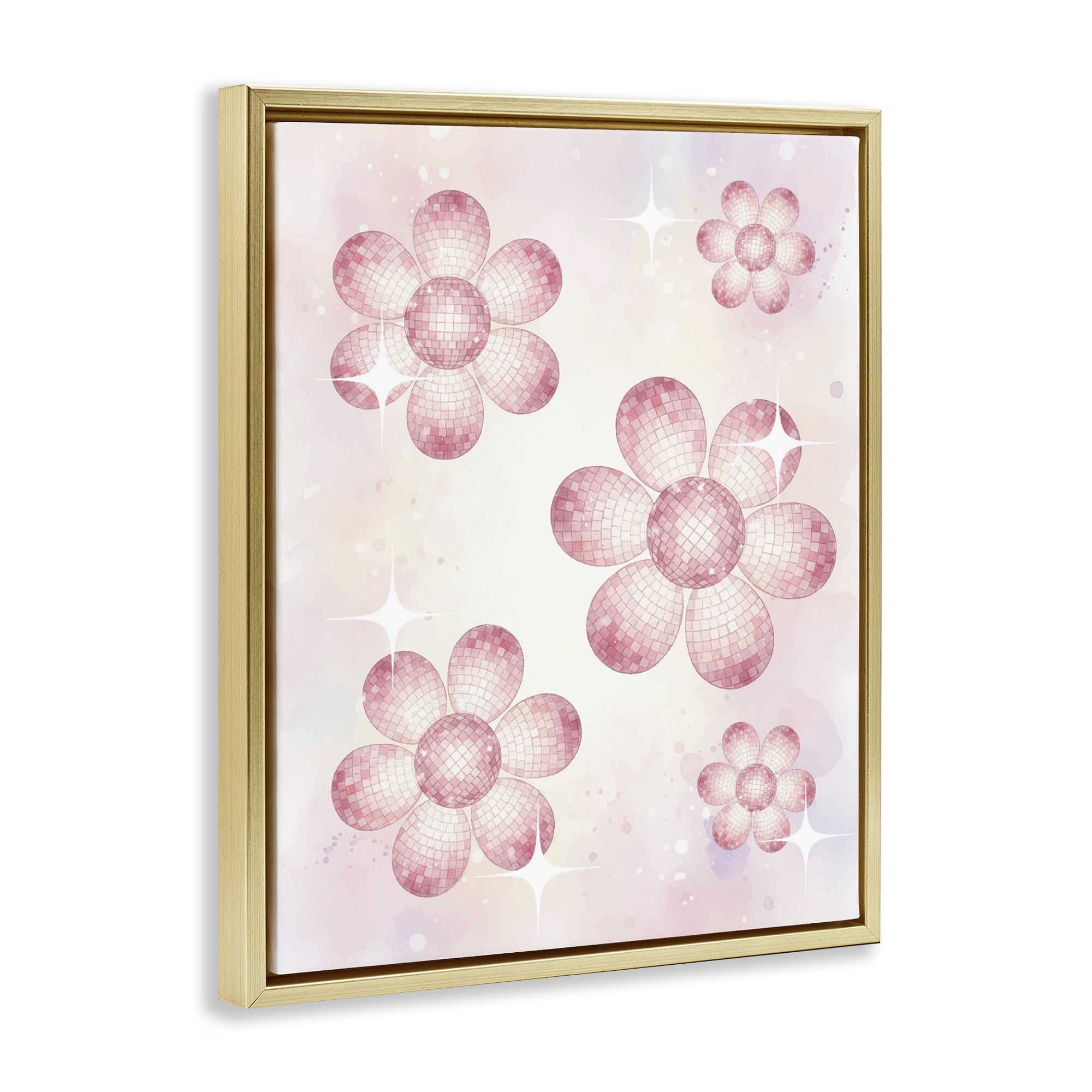 Stupell Industries Disco Ball Floral Patterns Gold Framed Floater Canvas Wall Art, design by Lil' Rue