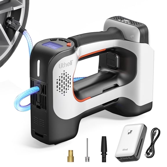 Litheli Cordless Tire Inflator, 150 Psi Air Compressor for Car Tires with Auto Shutoff, Compact Pump with Gauge & LED Light, and 2.0Ah Portable Battery