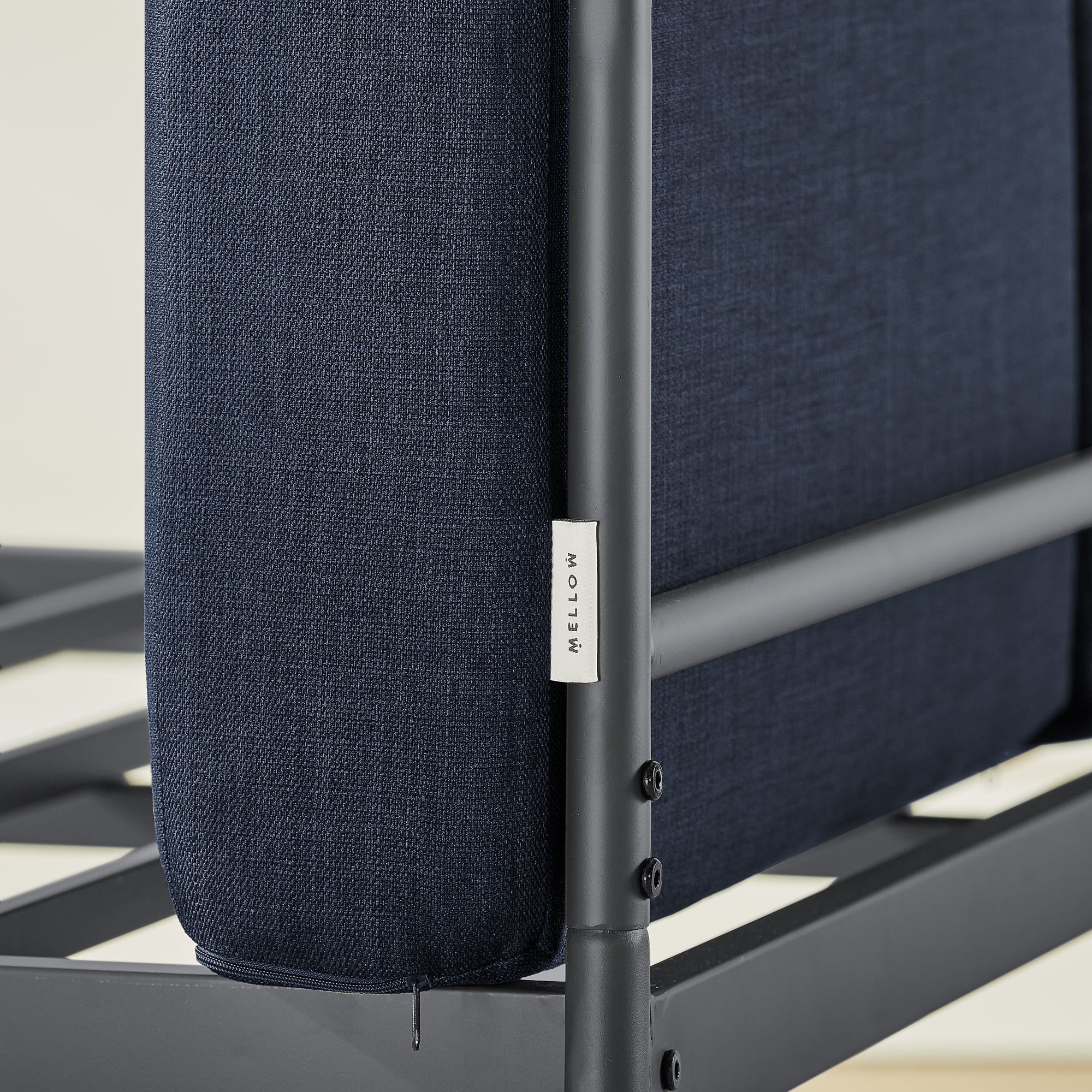Mellow Maggie Metal Platform Bed with Upholstered Cushion Headboard, Navy, Queen