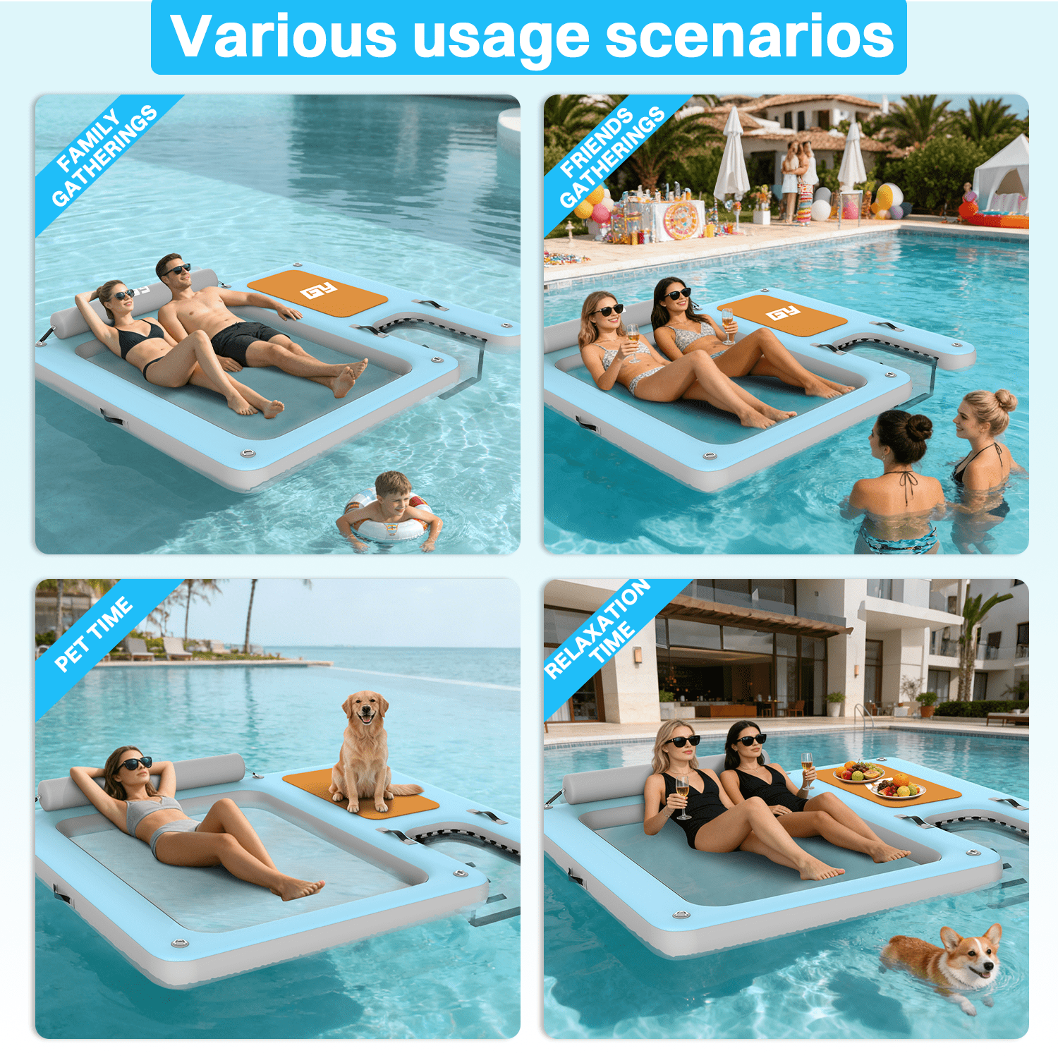 Inflatable Hammock & Ramp Floating Dock, 7.8 x 6.4 Ft Inflatable Floating Platform with Mesh, 700 LBS Load Capacity Lake Float with Boat Ramp for Pool Party, Fishing & Tanning