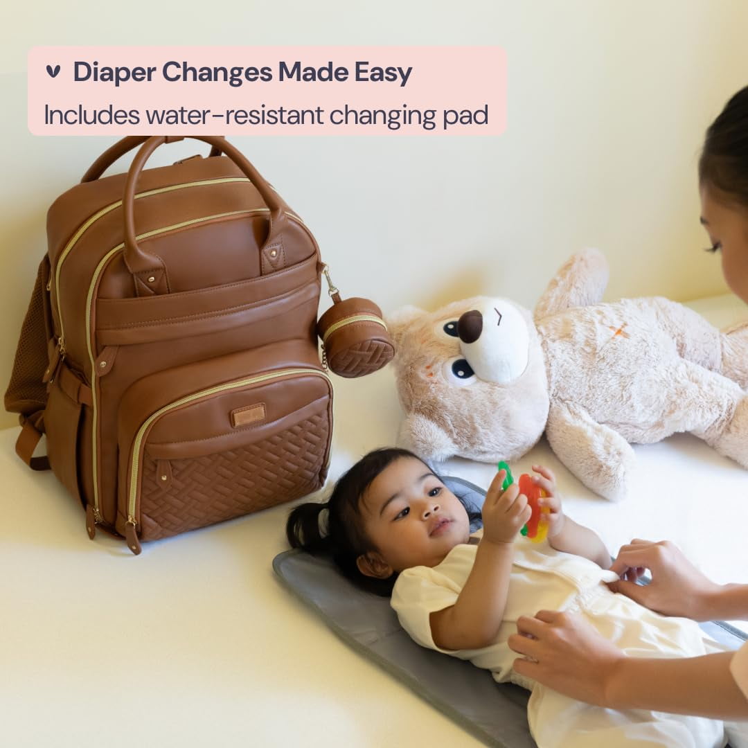 BabbleRoo Diaper Bag Backpack, Multifunction Original Baby Diaper Bag with Insulated Pockets, Vegan leather, Black