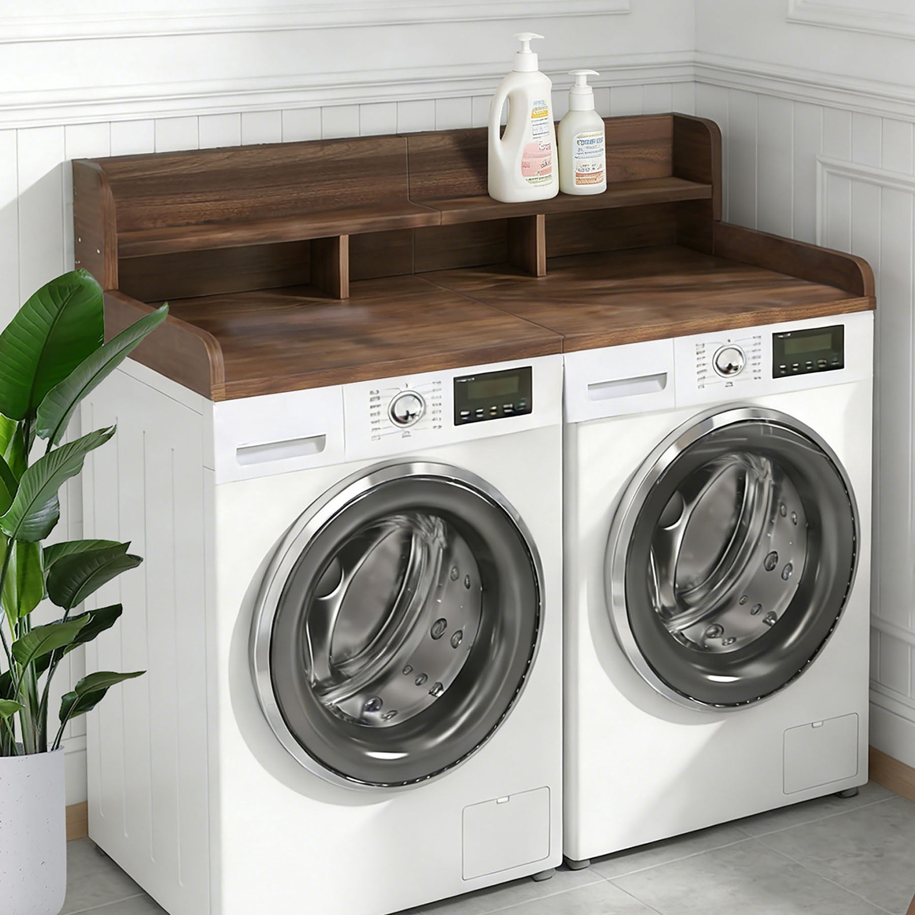 S-HOME Washer Dryer Countertop with Non-slip Pads in Wood Design, 58" x 28" Laundry Organization Shelf Topper，Walnut