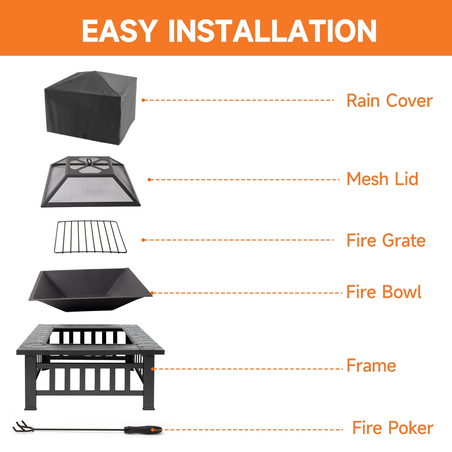 32" Heavy Duty Square Patio Wood Fire Pit Table with Spark Screen Cover, Log Grate, Waterproof Cover and Fire Poker for Outdoor Backyard, Garden, Bonfire