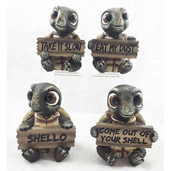 Ebros Whimsical Baby Sea Turtle Set of 4 Figurine Holding Signs W/ Funny Sayings