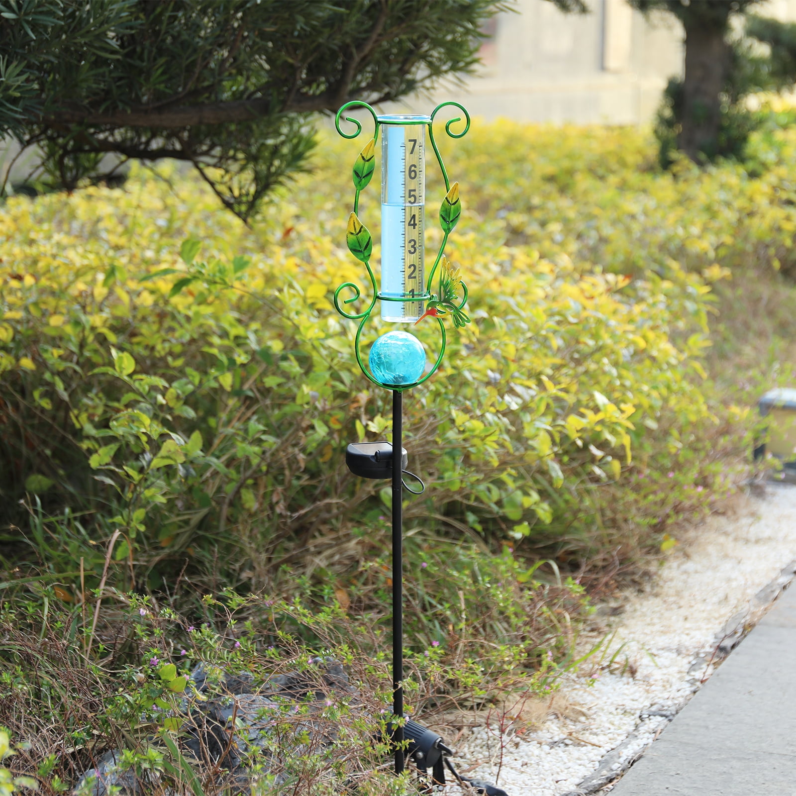 Outdoor Hummingbird & Leaf Solar Rain Gauge,Crackle Glass LED Ball, Metal Garden Stake for Patio, Lawn & Outdoor Decor