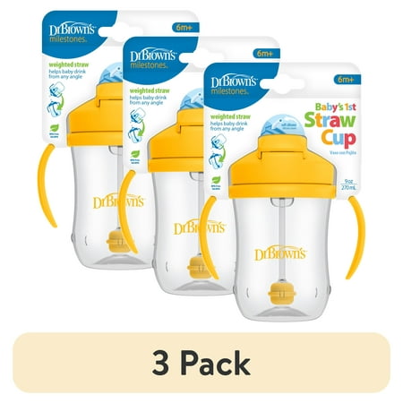 (3 pack) Dr. Brown's Milestones Baby's First Straw Cup with Weighted Straw, 9oz, Vintage Yellow, 6m+, 1 Pack