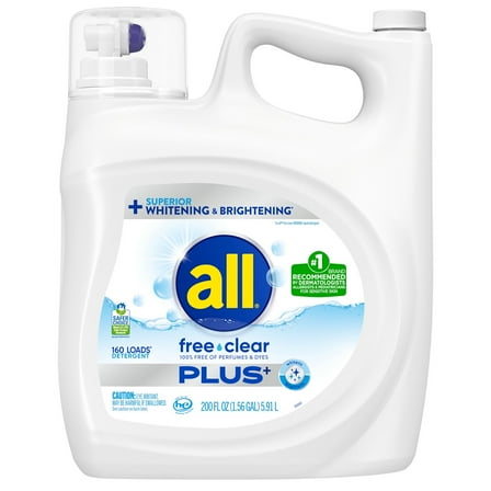All Liquid Laundry Detergent, Free Clear Plus, HE Compatible, 200 Fluid Ounce