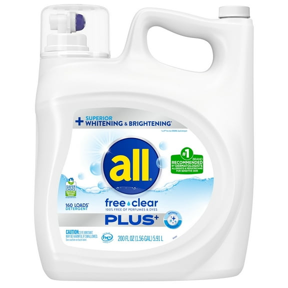 All Liquid Laundry Detergent, Free Clear Plus, HE Compatible, 200 Fluid Ounce
