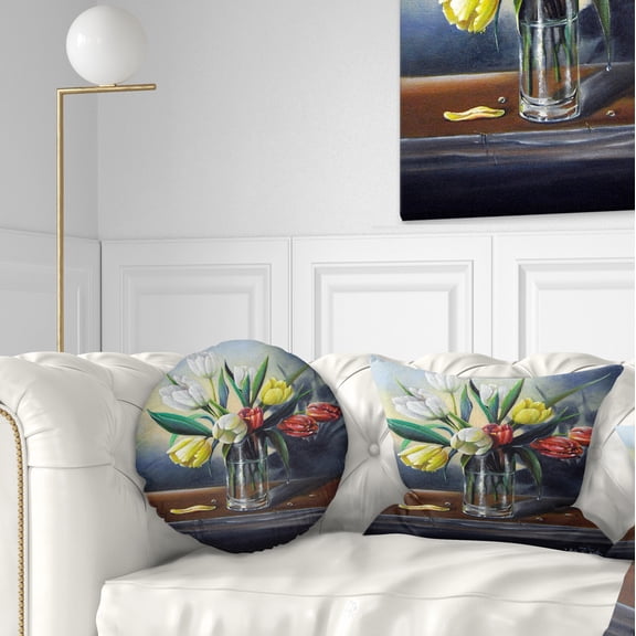 Designart Red White Yellow Tulips - Floral Painting Throw Pillow - 12x20